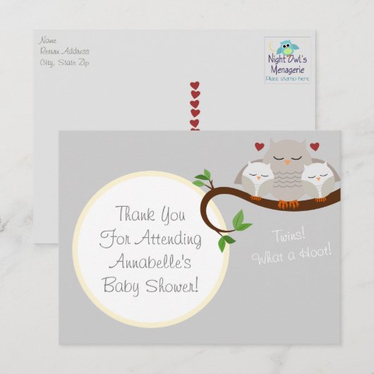 Twin Owls Baby shower Bedankt Briefkaart (Voorkant / Achterkant)