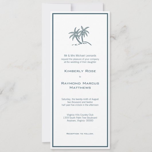 Twin Palm Trees Tropical Blue Wedding Invitation Kaart (Voorkant)