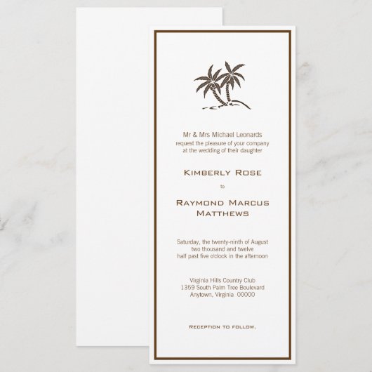 Twin Palm Trees Tropical Brown Wedding Invitation Kaart (Voorkant / Achterkant)