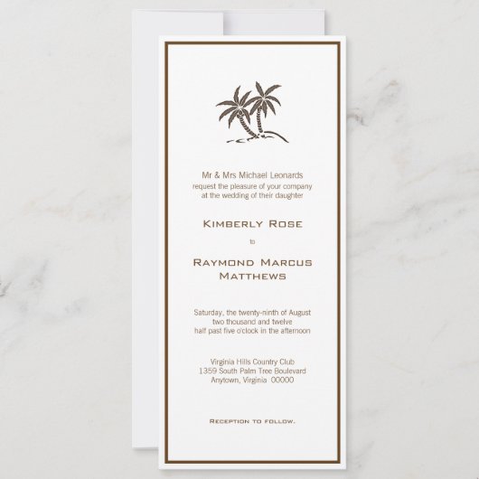 Twin Palm Trees Tropical Brown Wedding Invitation Kaart (Voorkant)