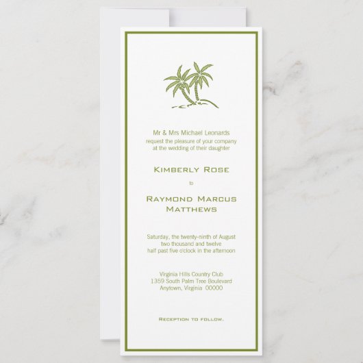 Twin Palm Trees Tropical Green Wedding Invitation Kaart (Voorkant)