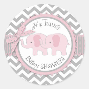 Twin Pink Elephants Grey White Chevron Baby shower Ronde Sticker