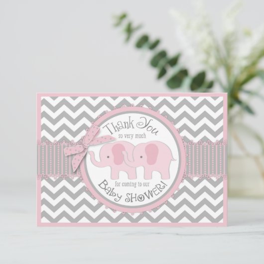 Twin Pink Elephants Grey White Chevron Dank je Bedankkaart (Staand voorkant)