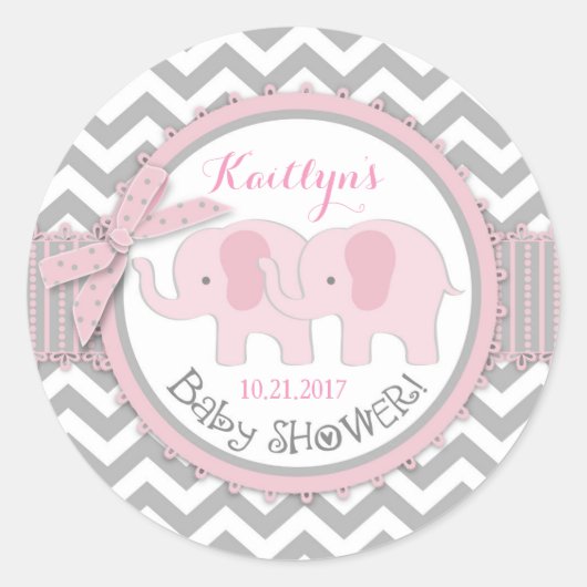 Twin Pink Elephants Grijs Wit Chevron Baby shower Ronde Sticker (Voorkant)