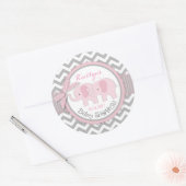 Twin Pink Elephants Grijs Wit Chevron Baby shower Ronde Sticker (Envelop)