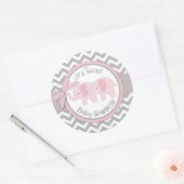 Twin Pink Elephants Grijs Wit Chevron Baby shower Ronde Sticker (Envelop)