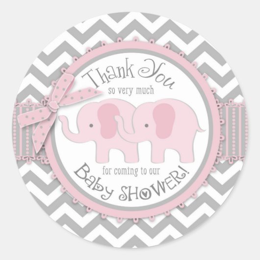 Twin Pink Elephants Grijs Wit Chevron Dank u Ronde Sticker (Voorkant)