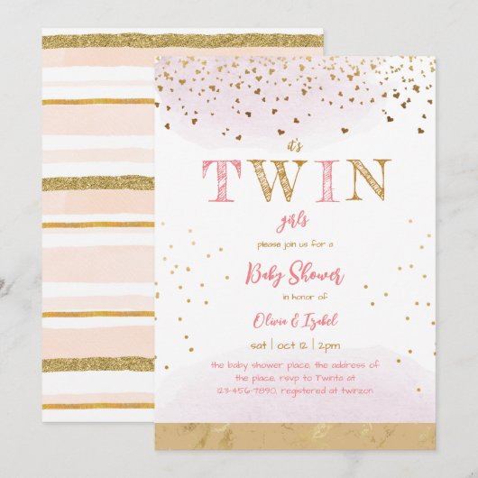 Twin Pink Gold Glitter Simple Baby Girl Shower Kaart (Voorkant / Achterkant)