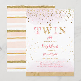Twin Pink Gold Glitter Simple Baby Girl Shower Kaart