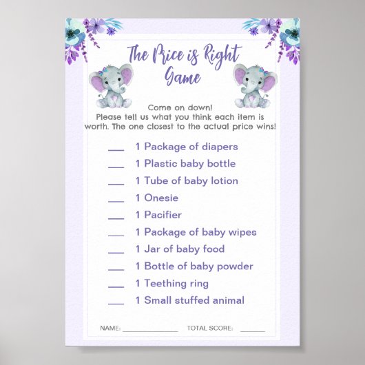 Twin Price is Right Baby shower spel olifanten Poster (Voorkant)