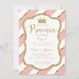Twin Princesses Birthday Invitation, Pink, Gold Kaart