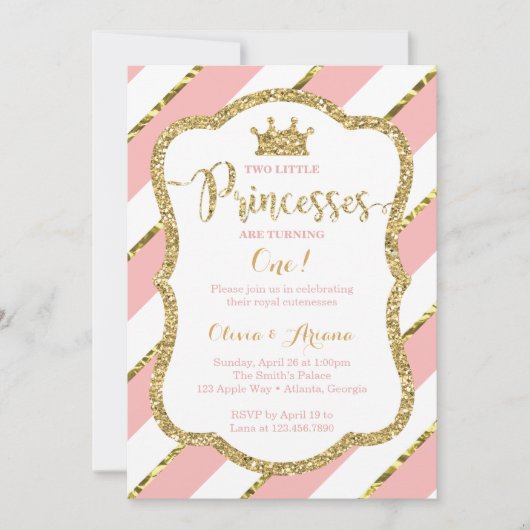 Twin Princesses Birthday Invitation, Pink, Gold Kaart (Voorkant)