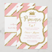 Twin Princesses Birthday Invitation, Pink, Gold Kaart (Voorkant / Achterkant)