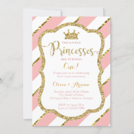 Twin Princesses Birthday Invitation, Pink, Gold Kaart