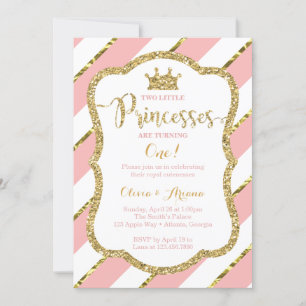 Twin Princesses Birthday Invitation, Pink, Gold Kaart