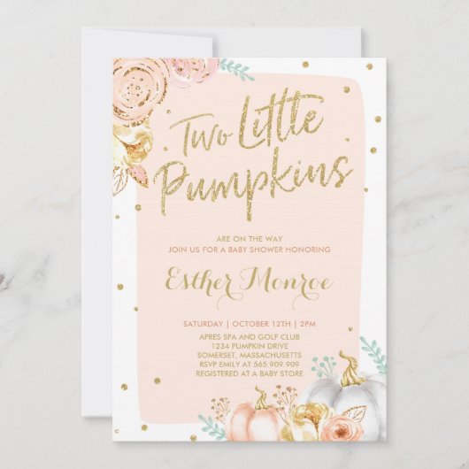 Twin Pumpkin Baby shower Invitation roze and Gold Kaart (Voorkant)