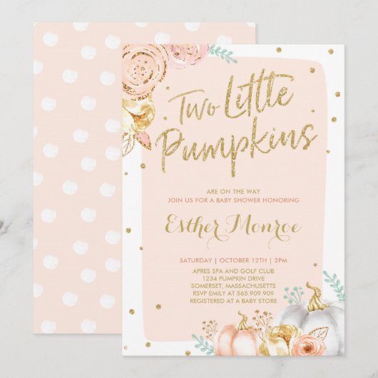 Twin Pumpkin Baby shower Invitation roze and Gold Kaart (Voorkant / Achterkant)