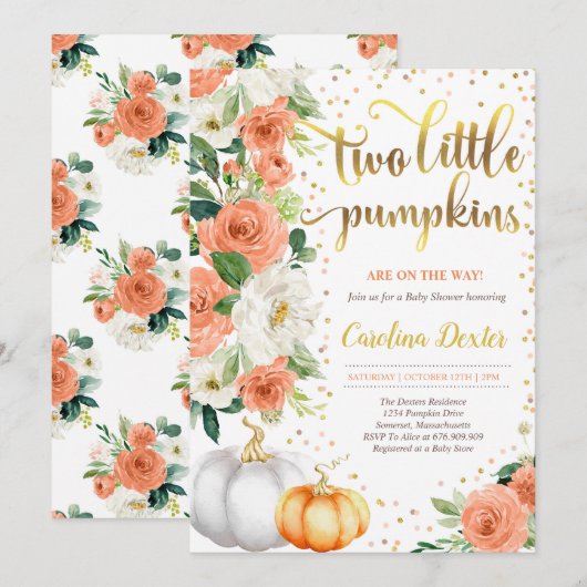 Twin Pumpkin Baby shower Invitation Sinaasappel & Kaart (Voorkant / Achterkant)