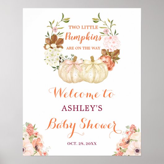 Twin Pumpkins Floral Cute Baby shower Welcome Sign Poster (Voorkant)
