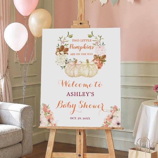 Twin Pumpkins Floral Cute Baby shower Welcome Sign Poster