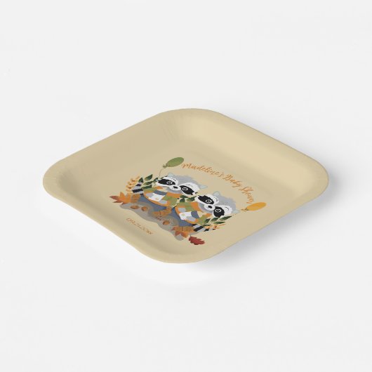 Twin Raccoons Herfst Baby shower Vierkante Papier  Papieren Bordje (Gebogen)