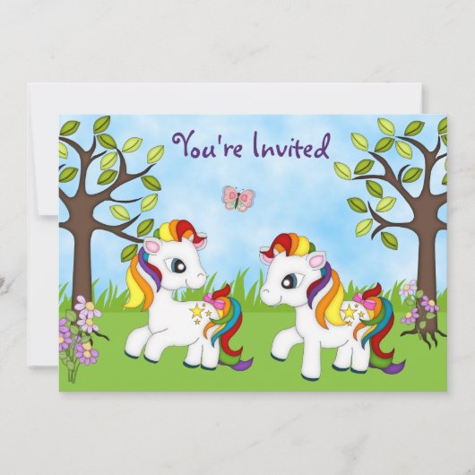 Twin Rainbow Ponies Paard Verjaardag Uitnodigingen (Voorkant)