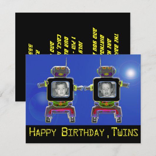 Twin Robot Birthday Party Uitnodigingen foto's toe (Voorkant / Achterkant)