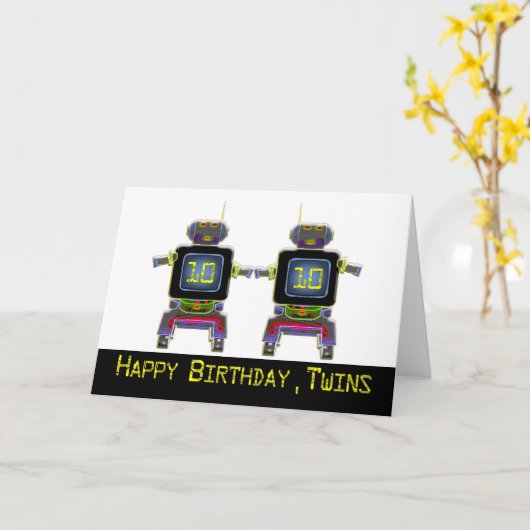 Twin Robot Verjaardag 10 jaar oud Kaart (Gele Bloem)