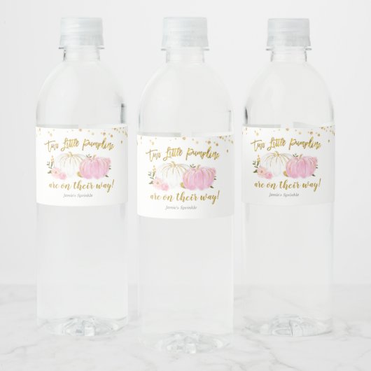 Twin roze en gouden pompoen Baby shower Waterfles Etiket (Flessen)