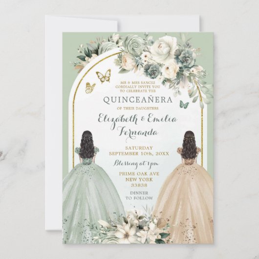 Twin Sage Groen en Ivoor Quinceañera Prinsessen Kaart (Voorkant)