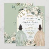 Twin Sage Groen en Ivoor Quinceañera Prinsessen Kaart (Voorkant / Achterkant)