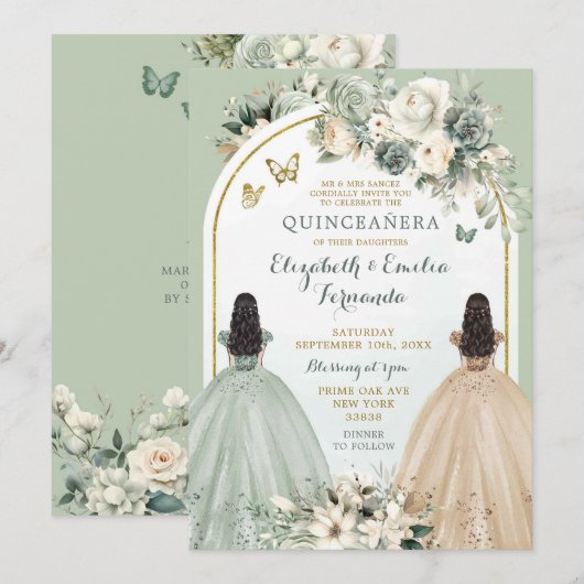 Twin Sage Groen en Ivoor Quinceañera Prinsessen Kaart (Voorkant / Achterkant)