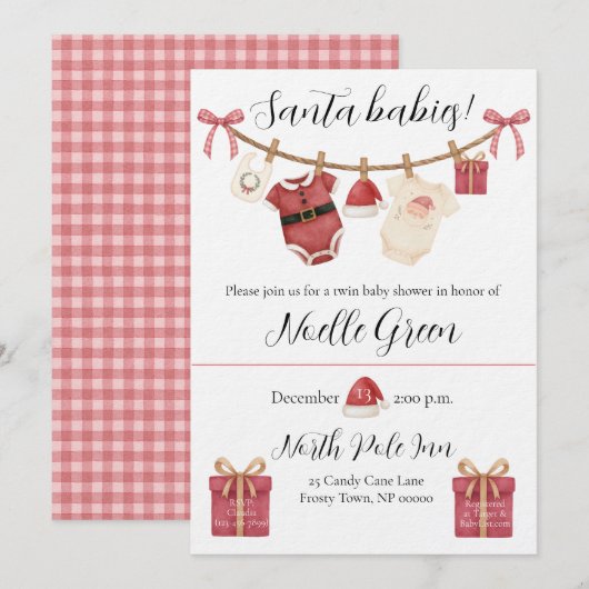 Twin Santa Babies Baby Shower Invitation Kaart (Voorkant / Achterkant)