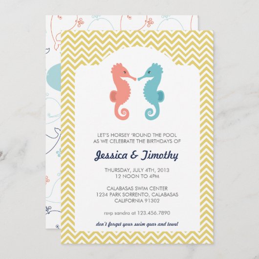 Twin Seapaarden Double Birthday Party Invitation Kaart (Voorkant / Achterkant)