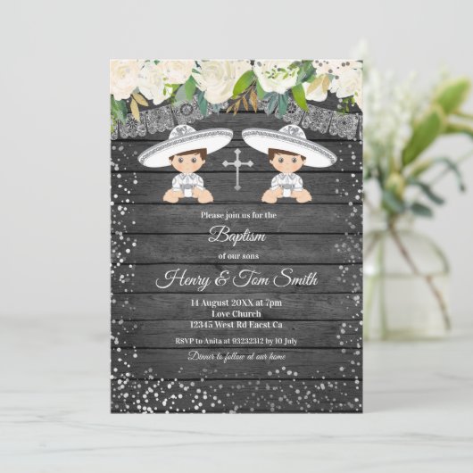 Twin Silver Glitter Fiesta Boy Baptisme Kaart (Staand voorkant)