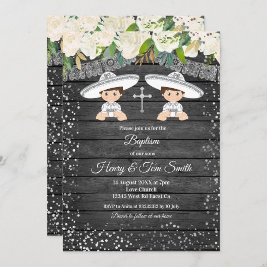 Twin Silver Glitter Fiesta Boy Baptisme Kaart (Voorkant / Achterkant)