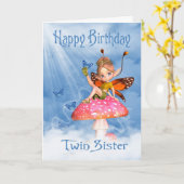 Twin Sister Birthday Kaart - Schattigee fee op een (Gele Bloem)