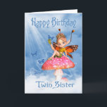 Twin Sister Birthday Kaart - Schattigee fee op een<br><div class="desc">Twin Sister Birthday Kaart - Schattigee fee op een paddenstoel</div>