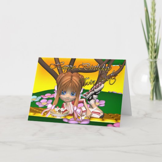 Twin Sister Verjaardagskaart met schatje taart van Kaart (Voorkant)