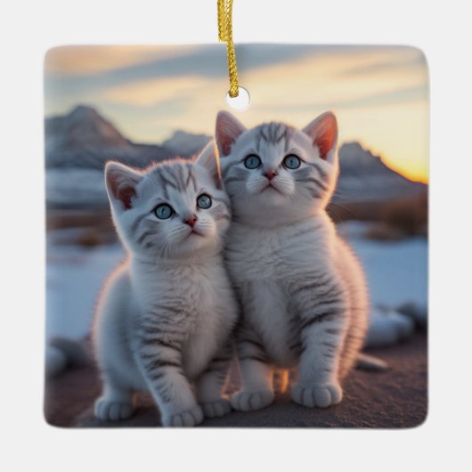 Twin Snowy Mountain Winter Kittens Keramisch Ornament (Voorkant)