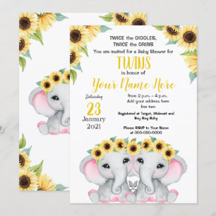 TWIN Sunflower Girls Elephant Yellow Pink Shower Kaart