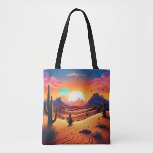 Twin Suns Desert Landschap – Celestial Cactus Hori Tote Bag (Voorkant)