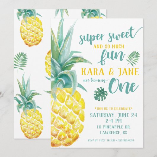 TWIN Super Sweet Pineapple First Birthday Kaart (Voorkant / Achterkant)