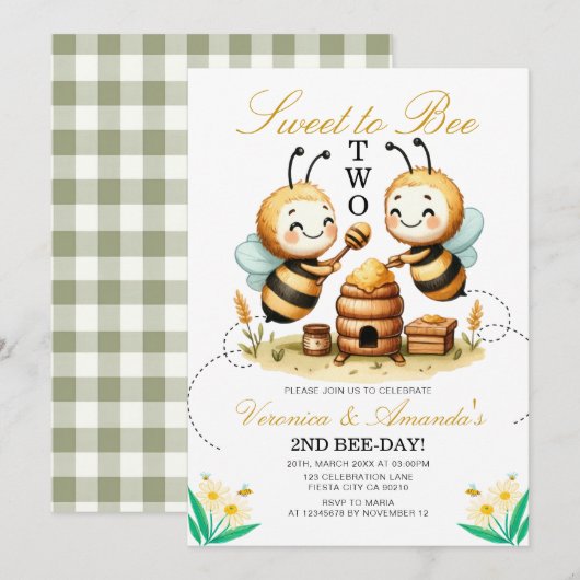 Twin Sweet to Bee Twee 2e verjaardagsfeestje Daisy Kaart (Voorkant / Achterkant)