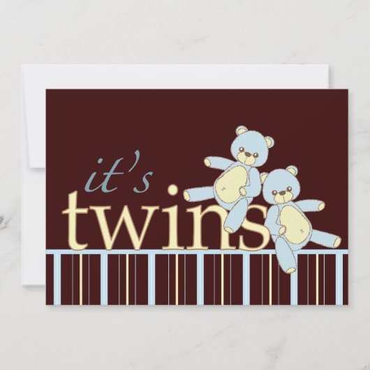 Twin Teddy Bear Boys Baby shower Invitation Kaart (Voorkant)