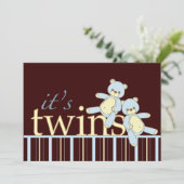 Twin Teddy Bear Boys Baby shower Invitation Kaart (Staand voorkant)