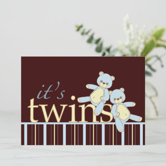 Twin Teddy Bear Boys Baby shower Invitation Kaart (Staand voorkant)