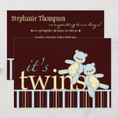 Twin Teddy Bear Boys Baby shower Invitation Kaart (Voorkant / Achterkant)