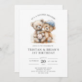 Twin Teddy Bear Watercolor Boy's 1st Birthday  Kaart (Voorkant / Achterkant)