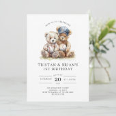 Twin Teddy Bear Watercolor Boy's 1st Birthday  Kaart (Staand voorkant)